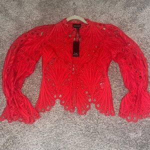 NEW, bright red lacy button front blouse or jacket, size medium.